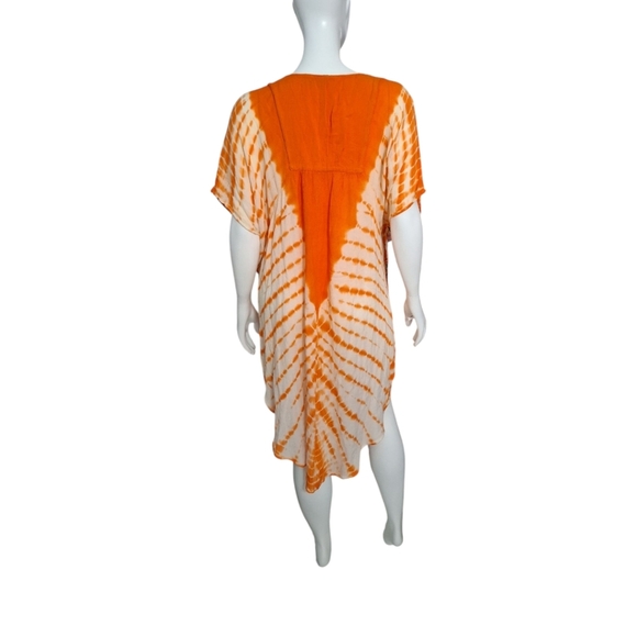 SANTE CLASSICS Orange Multicolor Tie Dye Summer Embellished Short Caftan OneSize - Picture 3 of 5